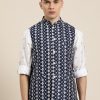 Men Sojanya | Men'S Silk Blend Navy Embroidered Only Nehrujacket - Sojanya Blue