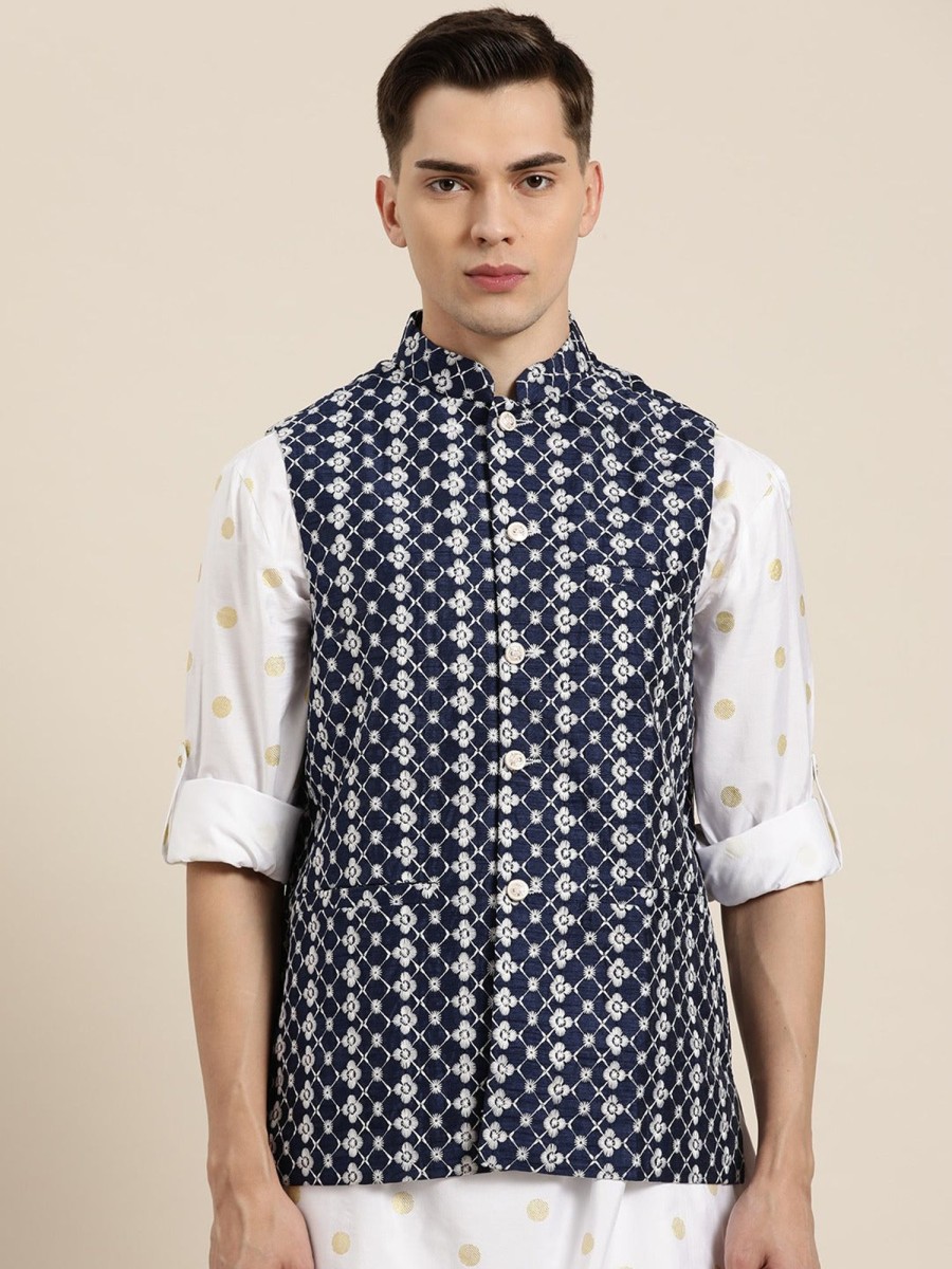 Men Sojanya | Men'S Silk Blend Navy Embroidered Only Nehrujacket - Sojanya Blue