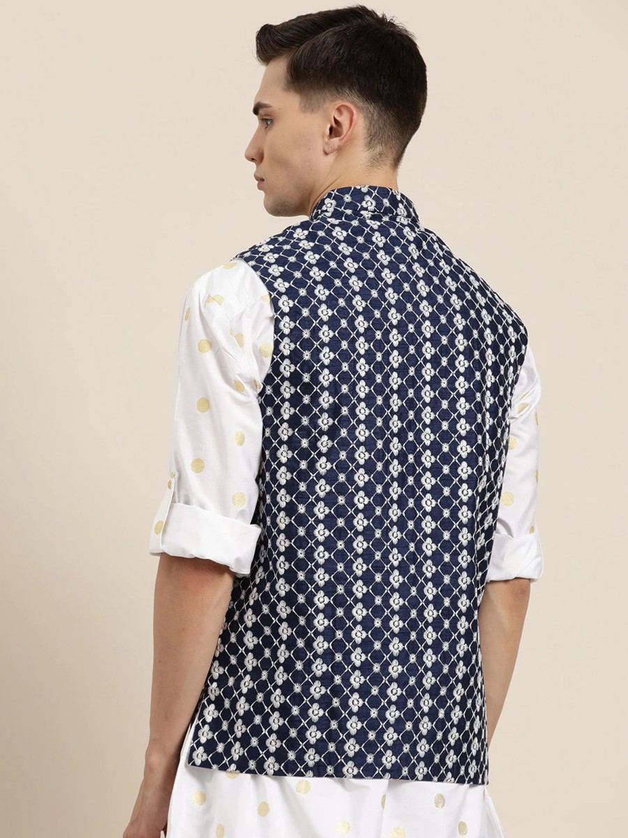 Men Sojanya | Men'S Silk Blend Navy Embroidered Only Nehrujacket - Sojanya Blue