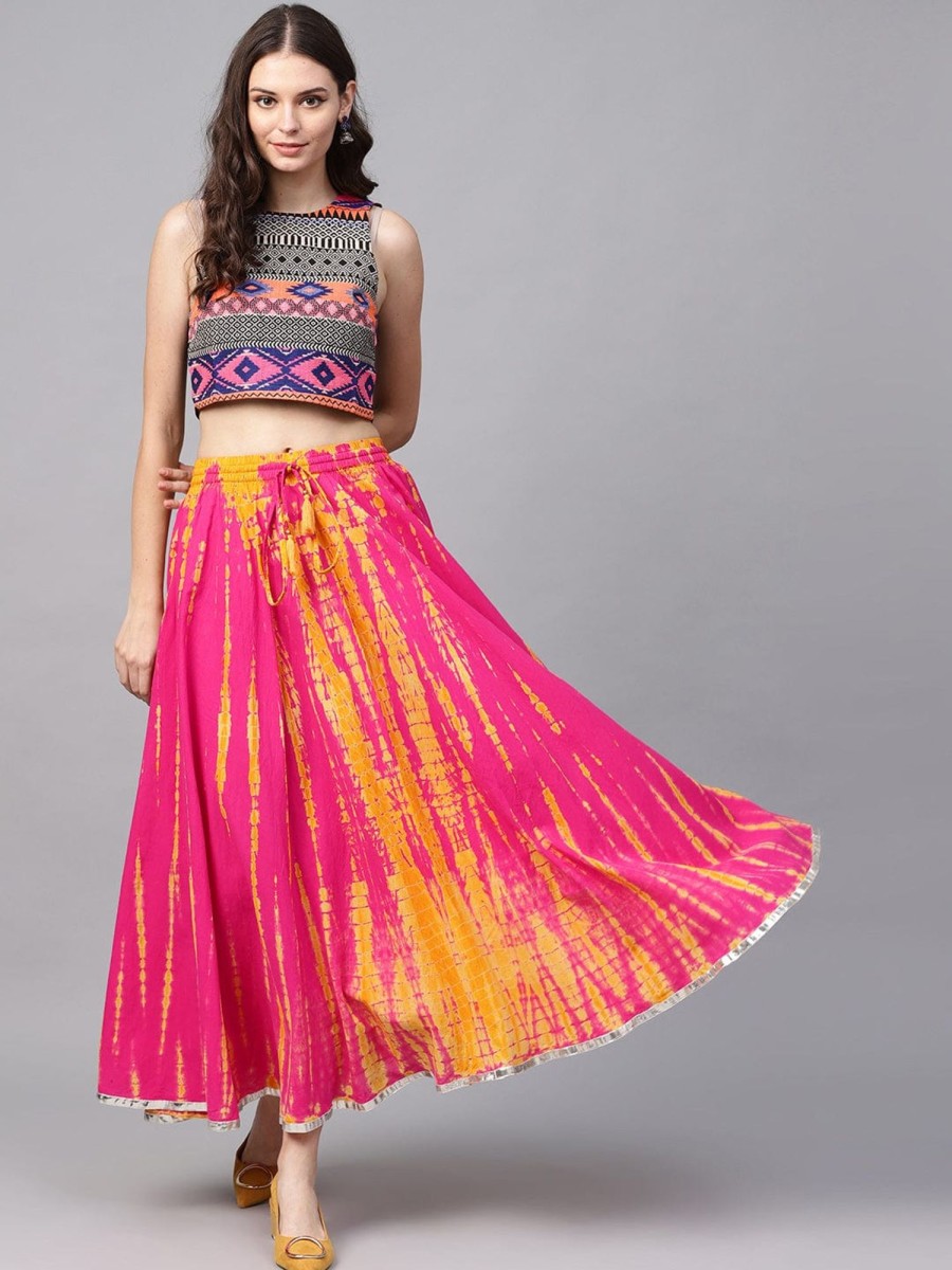 Women Varanga | Women'S Pink And Yellow Dyed Maxi Flared Skirt - Varanga