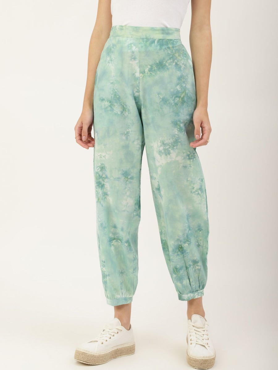 Women DECKEDUP | Women'S Flat-Front Pants And Off-White Printed Mid-Rise Cropped Ethnic Joggers - Deckedup Green