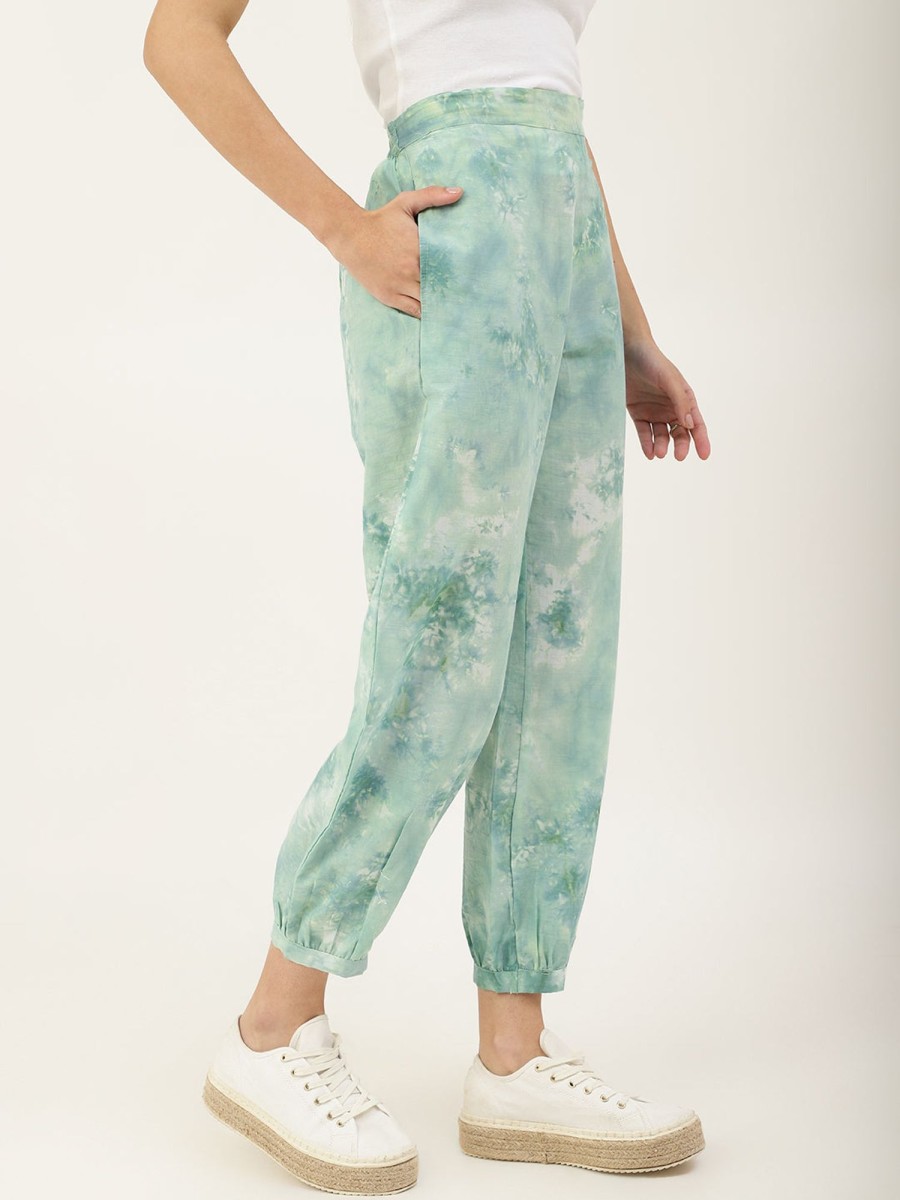 Women DECKEDUP | Women'S Flat-Front Pants And Off-White Printed Mid-Rise Cropped Ethnic Joggers - Deckedup Green