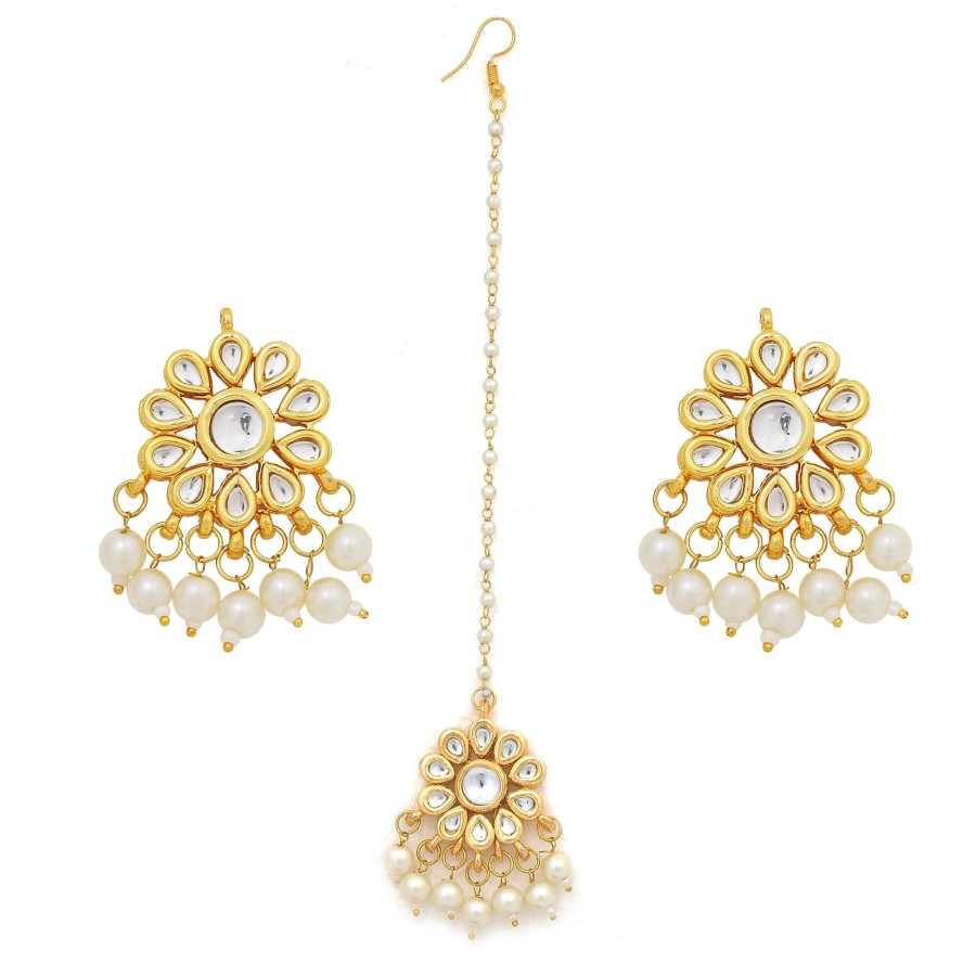 Jewellery Femizen | Women'S Kundan Floral Earrings With Maang Tikka Set - Femizen Golden