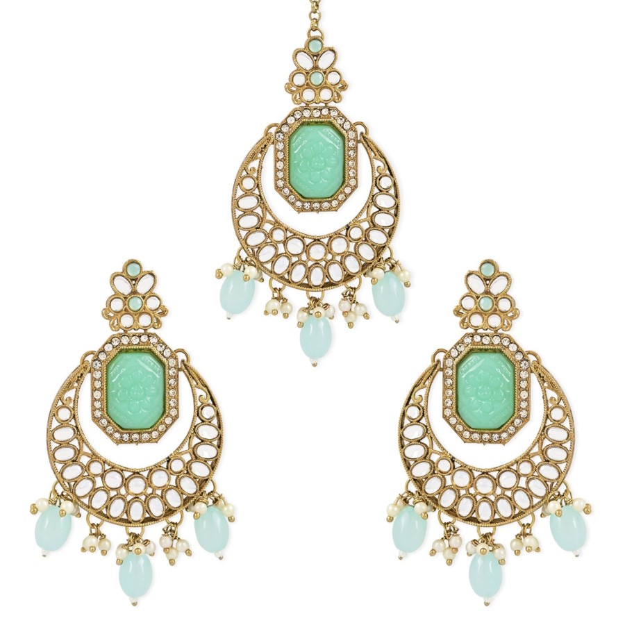 Jewellery I Jewels | Women'S Traditional Pearl Hanging Kundan Stone Studed Chandbali Earring With Maang Tikka - I Jewels Green