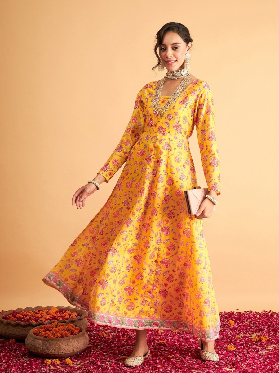 Women Lyush | Women'S Yellow Floral Anarkali Maxi Dress - Lyush