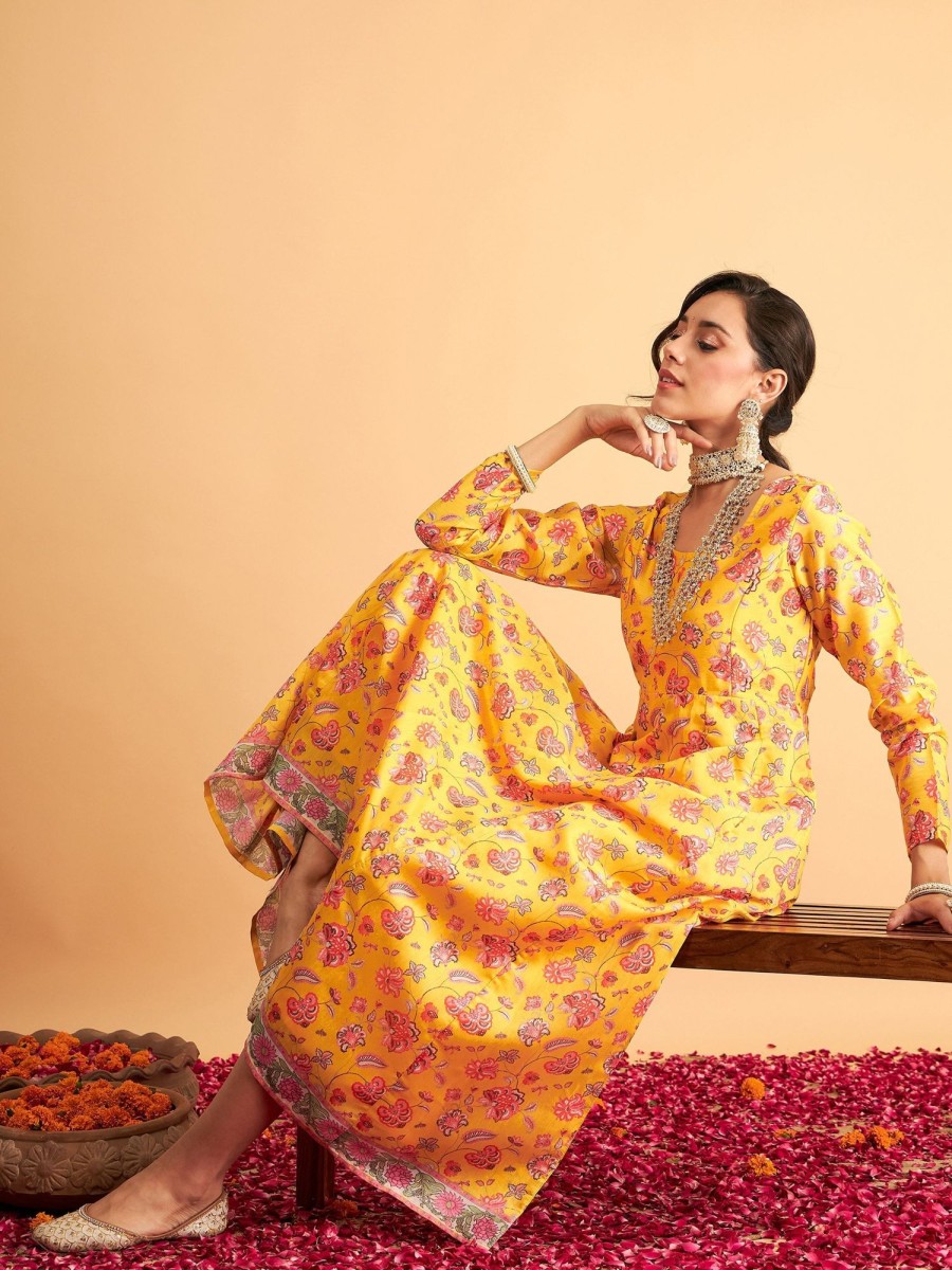 Women Lyush | Women'S Yellow Floral Anarkali Maxi Dress - Lyush