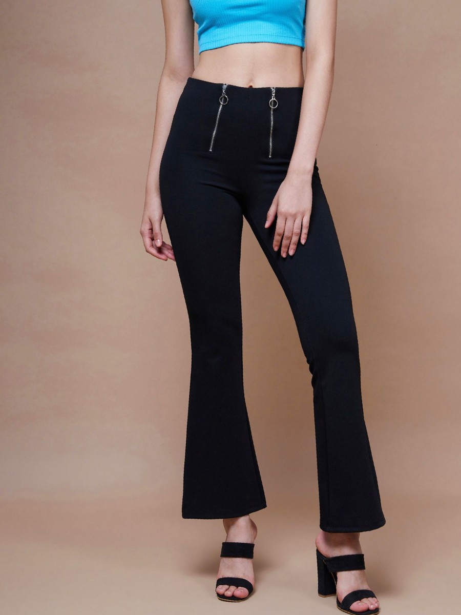 Women SASSAFRAS | Women'S Front Zipper Bell Bottom Pants - Sassafras Black