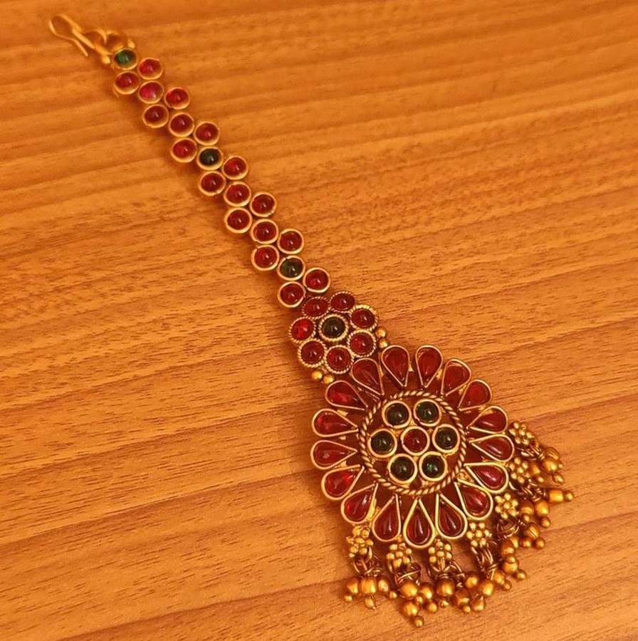 Jewellery Sanvi Jewels | Women'S Multicolour Kempu Stone Matt Gold Finish Maang Tikka - Sanvi Jewels Multi Color