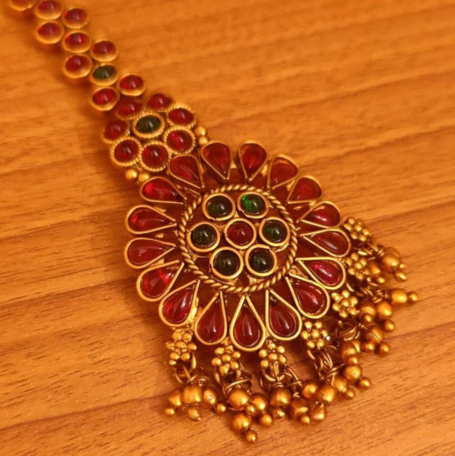 Jewellery Sanvi Jewels | Women'S Multicolour Kempu Stone Matt Gold Finish Maang Tikka - Sanvi Jewels Multi Color