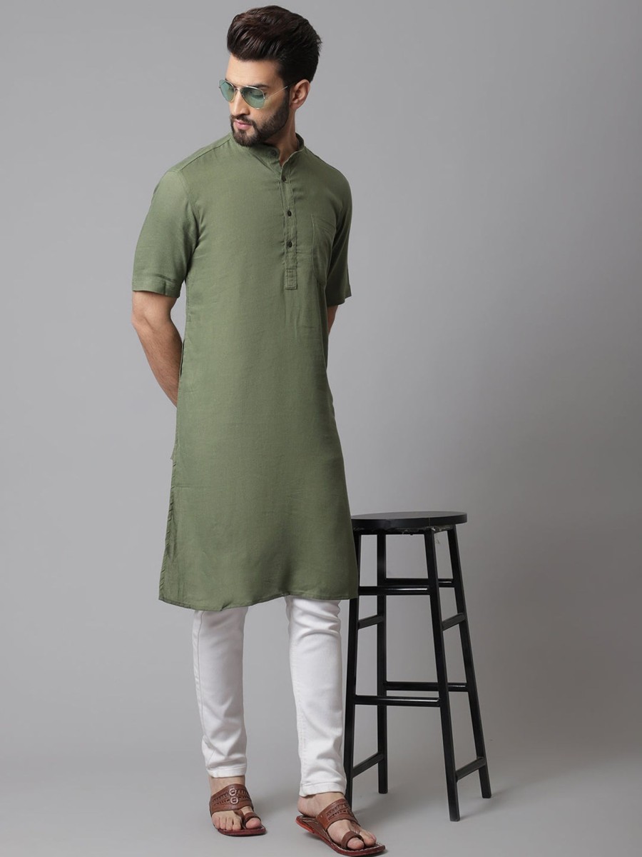 Men Even Apparels | Men'S Pure Cotton Kurta With Band Collar - Even Apparels Green