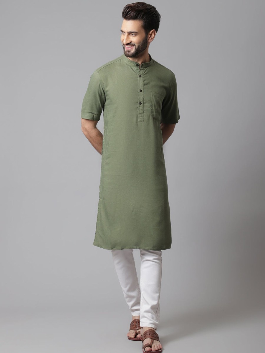 Men Even Apparels | Men'S Pure Cotton Kurta With Band Collar - Even Apparels Green