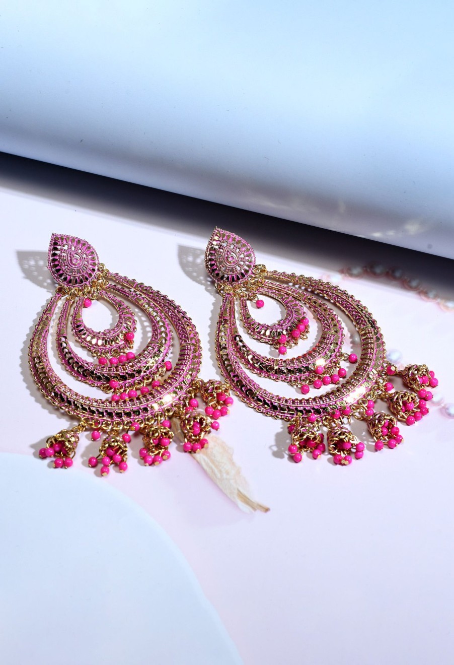 Jewellery Tehzeeb | Women'S Pink Colour Earrings With Pearl - Tehzeeb