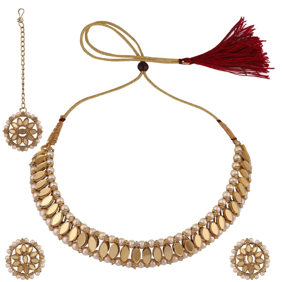 Jewellery Zaffre Collections | Women'S Stylish Mirror And Pearl Choker Set With Maang Tikka - Zaffre Collections Gold