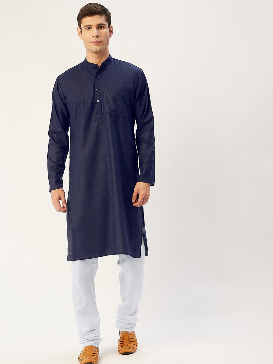 Men Virat Fashions | Men'S Navy Cotton Solid Kurta Only ( Ko 611 Navy ) - Virat Fashions