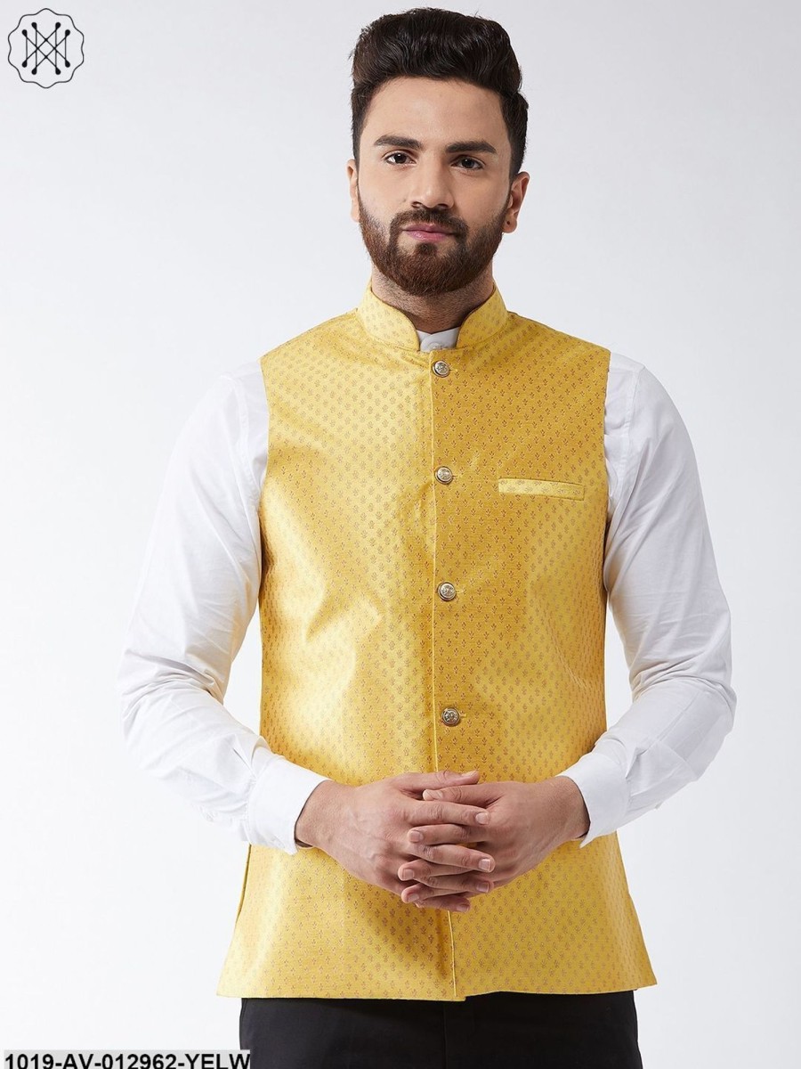 Men Sojanya | Men'S Silk Blend Yellow U0026 Gold Self Design Nehru Jacket - Sojanya