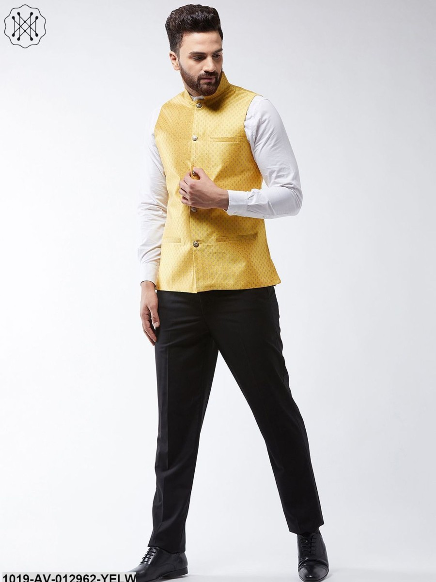 Men Sojanya | Men'S Silk Blend Yellow U0026 Gold Self Design Nehru Jacket - Sojanya