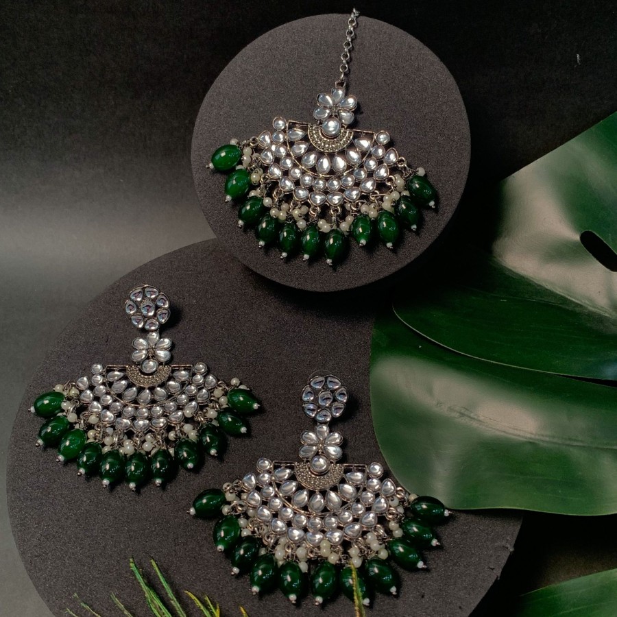 Jewellery I Jewels | Women'S Navratri Ethnic Stylish Silver Oxidised Kundan Pearl Chandbali Earrings With Maang Tikka Set - I Jewels Green