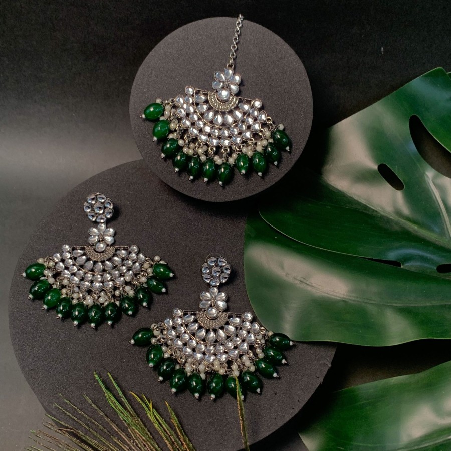 Jewellery I Jewels | Women'S Navratri Ethnic Stylish Silver Oxidised Kundan Pearl Chandbali Earrings With Maang Tikka Set - I Jewels Green