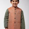 Men Sojanya KID | Kid'S Jacquard Silk Orange Self Design Only Nehrujacket - Sojanya Kid Orange & Gold