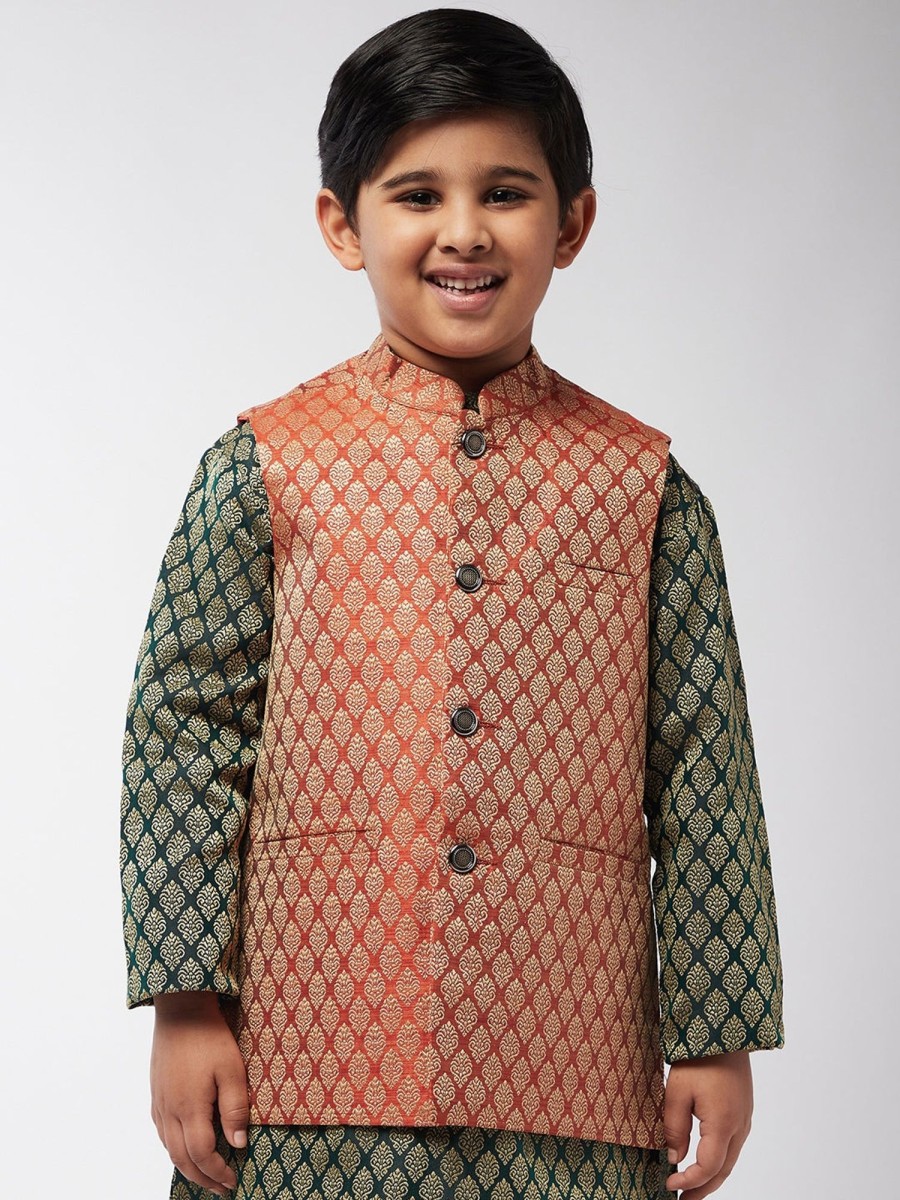 Men Sojanya KID | Kid'S Jacquard Silk Orange Self Design Only Nehrujacket - Sojanya Kid Orange & Gold