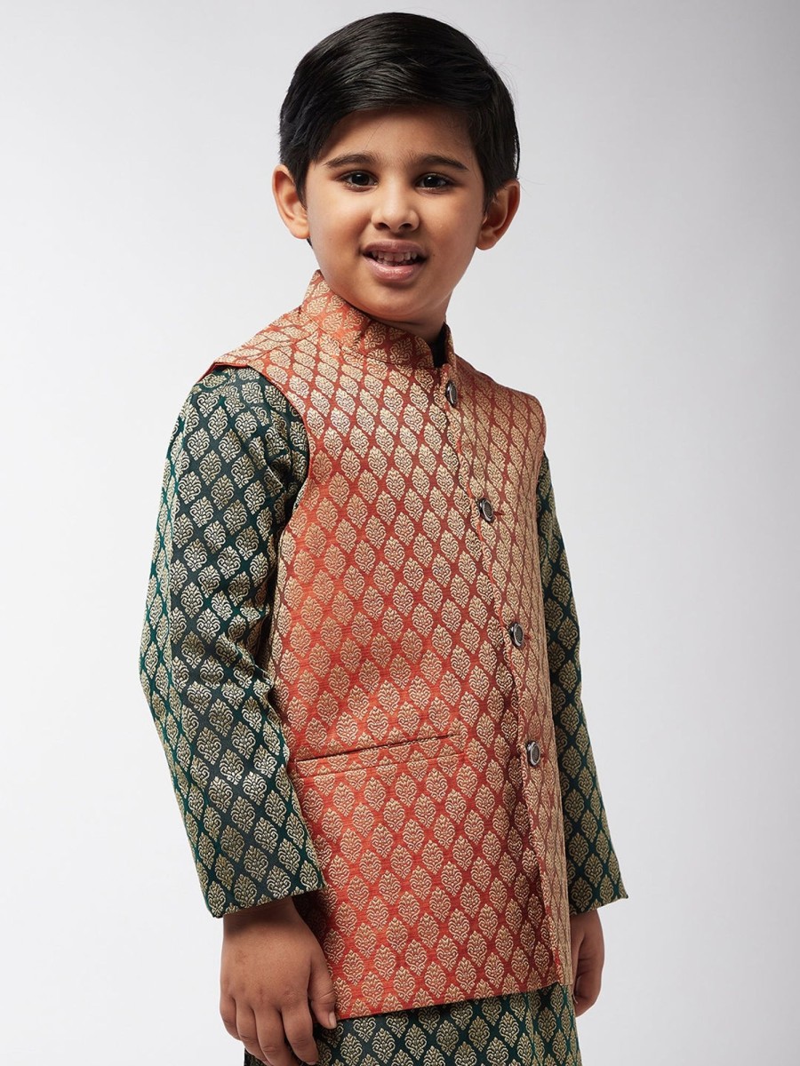 Men Sojanya KID | Kid'S Jacquard Silk Orange Self Design Only Nehrujacket - Sojanya Kid Orange & Gold