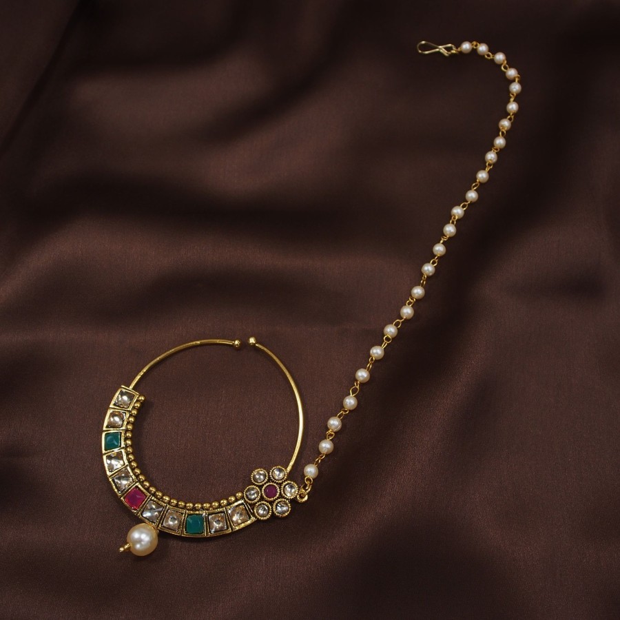 Jewellery I Jewels | Gold Plated Nose Ring Multicolor Kundan With Pearl Chain By I Jewels