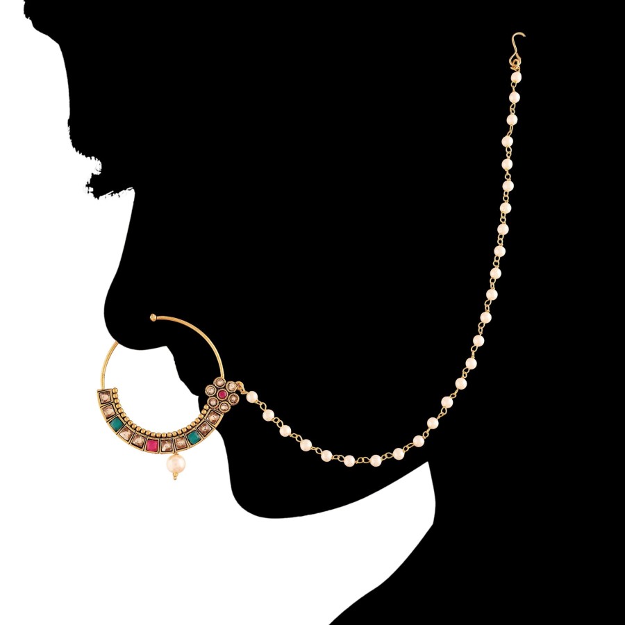 Jewellery I Jewels | Gold Plated Nose Ring Multicolor Kundan With Pearl Chain By I Jewels