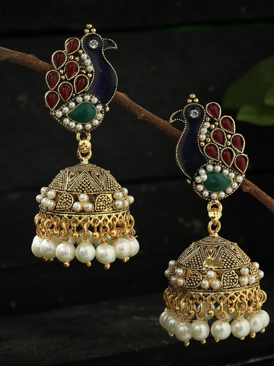 Jewellery Kamal Johar | Johar Kamal Traditional Peacock Design Multi Color Jhumka With Pearls Jker_042 Natural