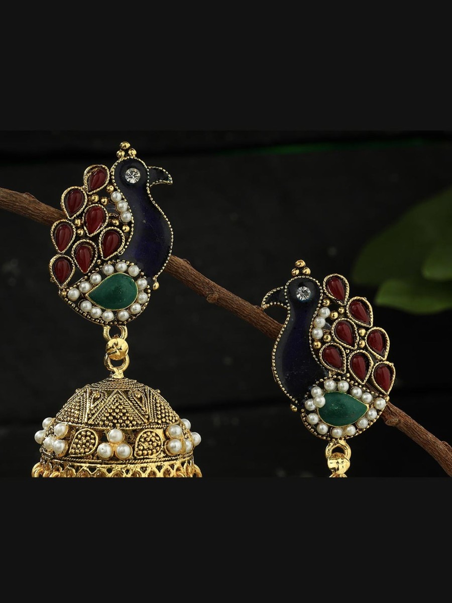 Jewellery Kamal Johar | Johar Kamal Traditional Peacock Design Multi Color Jhumka With Pearls Jker_042 Natural