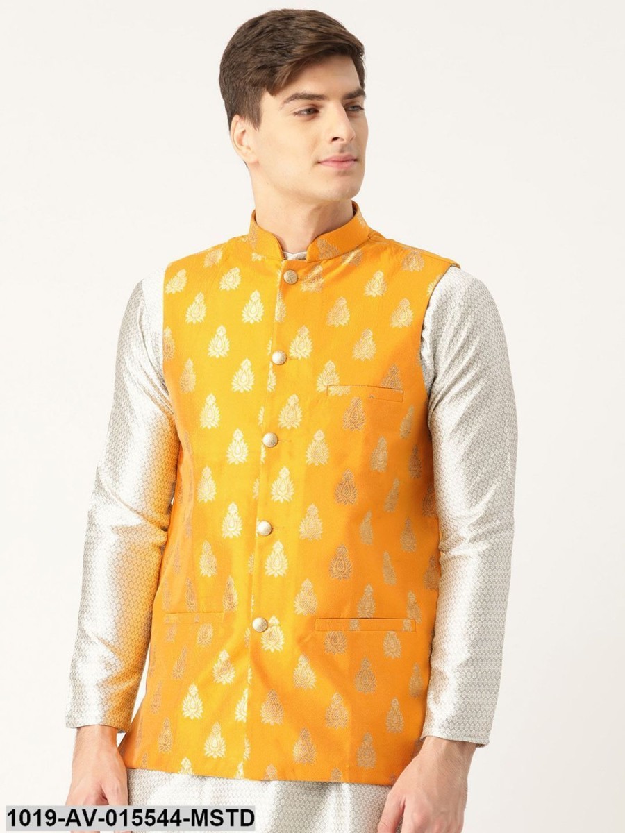 Men Sojanya | Men'S Silk Blend Mustard U0026 Gold Self Design Nehru Jacket - Sojanya