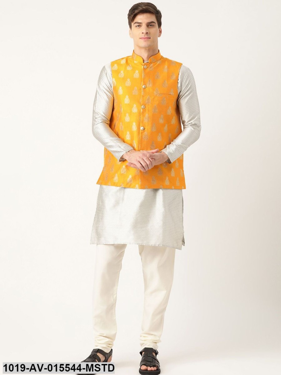 Men Sojanya | Men'S Silk Blend Mustard U0026 Gold Self Design Nehru Jacket - Sojanya