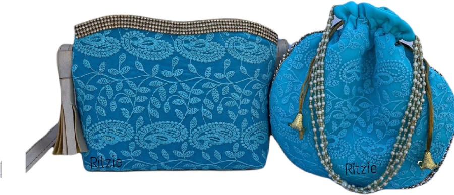 Others Ritzie | Women'S Chickenkari Embroidered Crossbody Belt Sling Bag With Potli Blue - Ritzie