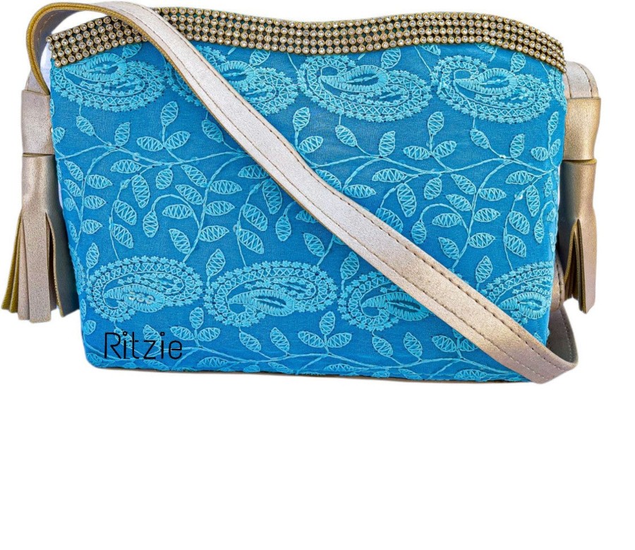 Others Ritzie | Women'S Chickenkari Embroidered Crossbody Belt Sling Bag With Potli Blue - Ritzie