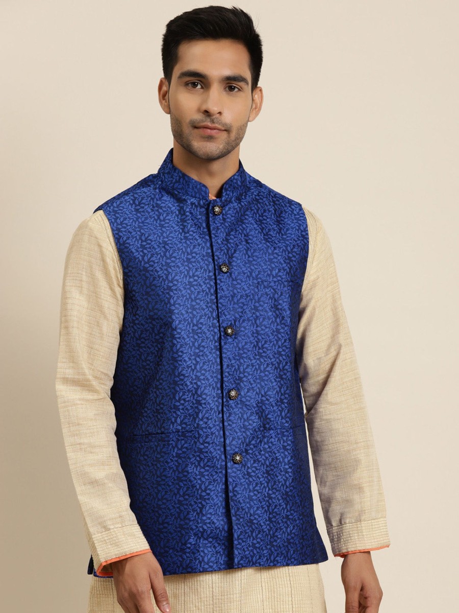 Men Sojanya | Men'S Jacquard Silk Royal Self Design Only Nehrujacket - Sojanya Blue