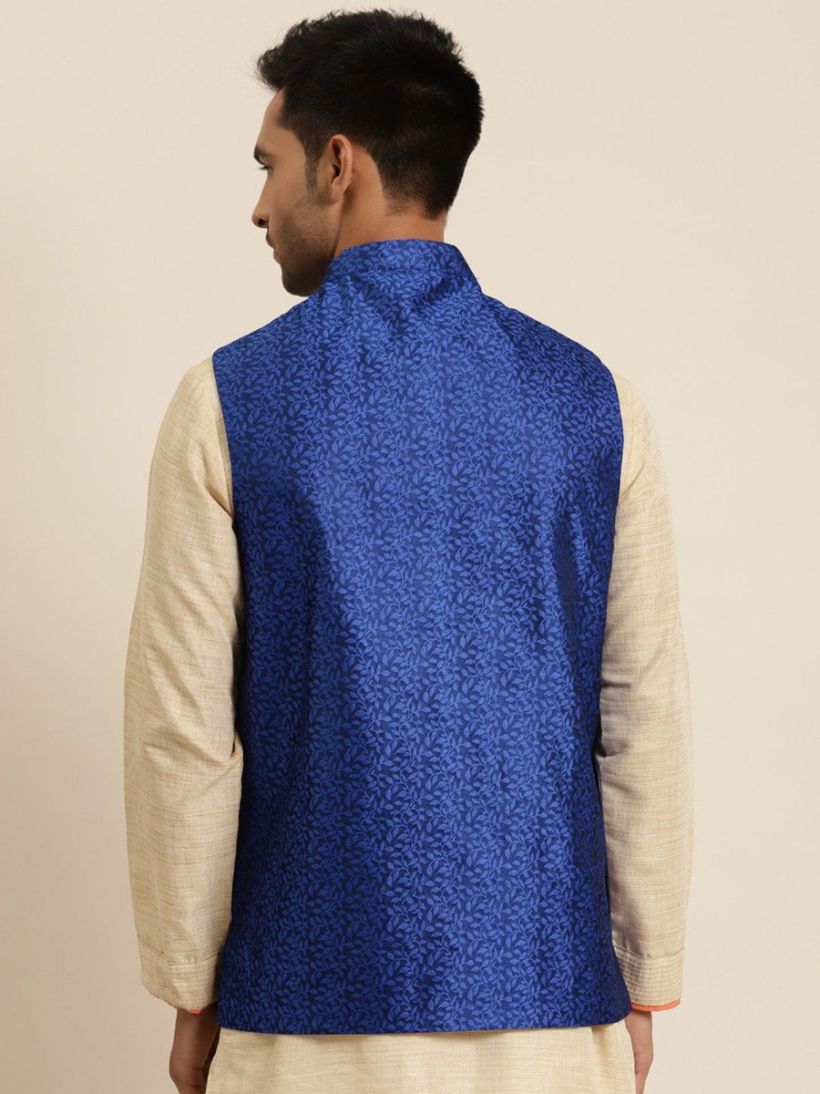 Men Sojanya | Men'S Jacquard Silk Royal Self Design Only Nehrujacket - Sojanya Blue