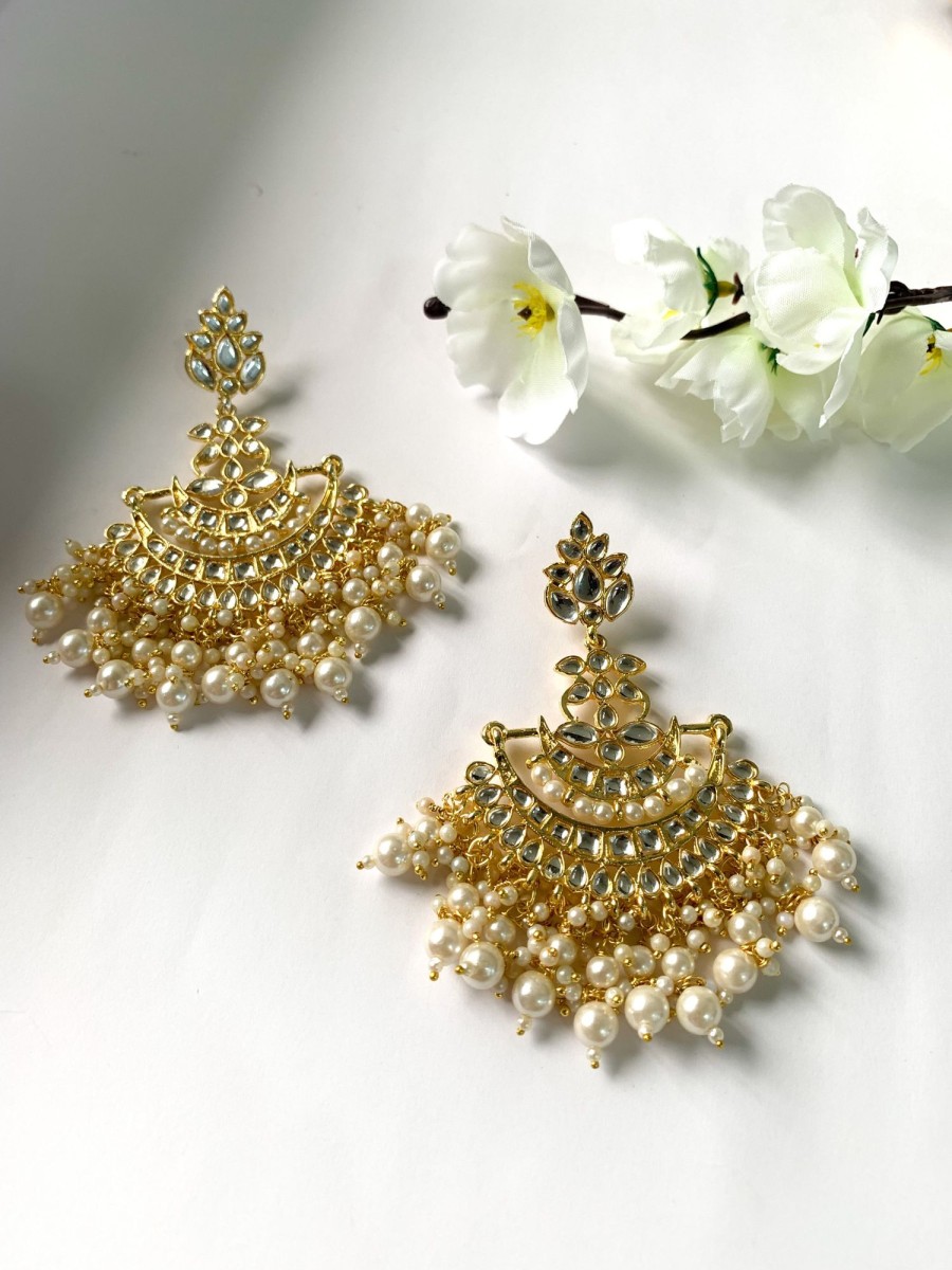 Jewellery I Jewels | Women'S Traditional Pearl Kundan Stone Studded Chandbali Earring - I Jewels White