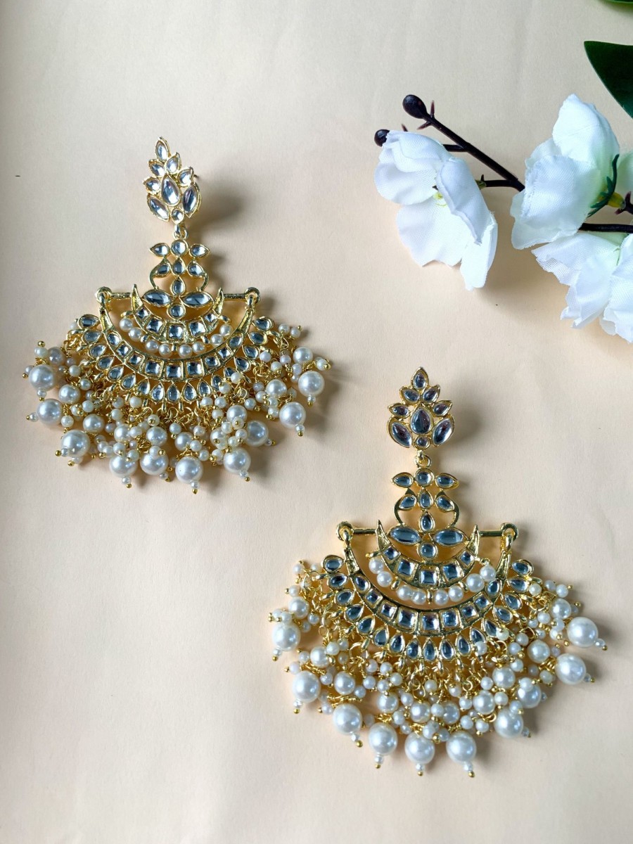 Jewellery I Jewels | Women'S Traditional Pearl Kundan Stone Studded Chandbali Earring - I Jewels White