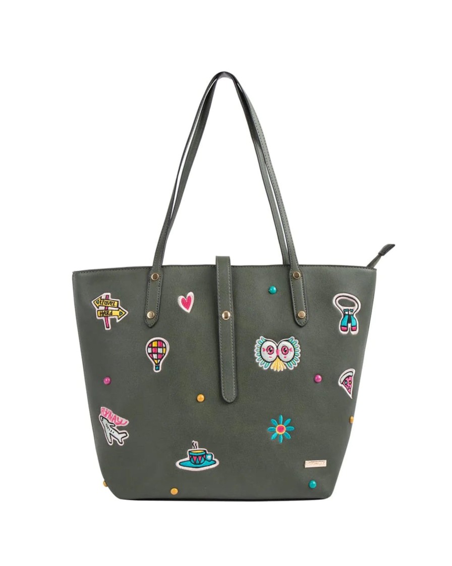 Others Chumbak | Embroidered Travel Patches Tote Bag - Olive - Chumbak