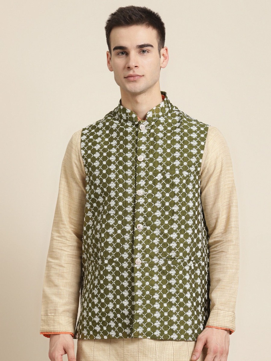 Men Sojanya | Men'S Silk Blend Dark Embroidered Only Nehrujacket - Sojanya Green