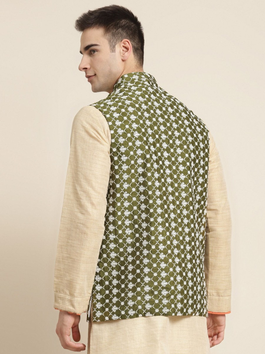 Men Sojanya | Men'S Silk Blend Dark Embroidered Only Nehrujacket - Sojanya Green