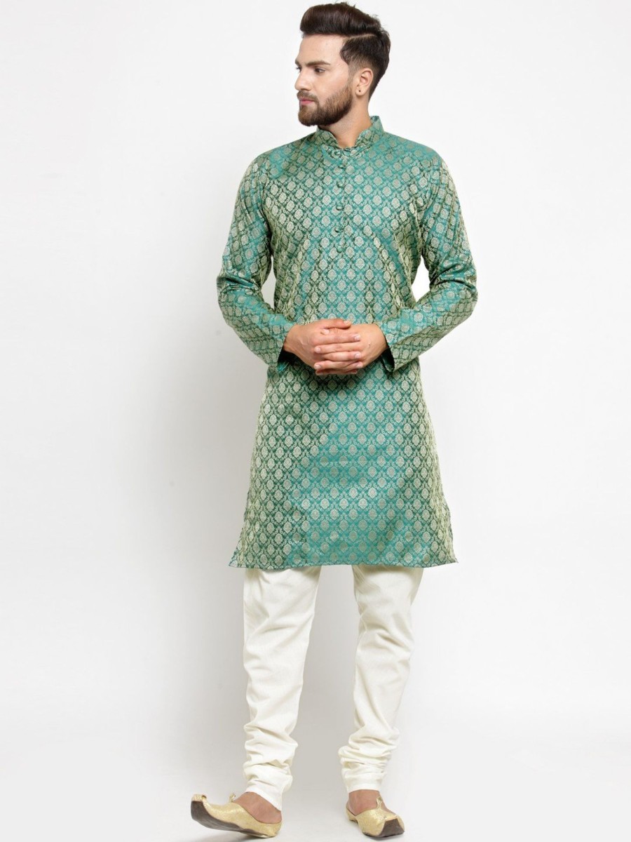 Men Virat Fashions | Men'S Green U0026 Beige Self Design Kurta Only ( Ko 568 Green ) - Virat Fashions