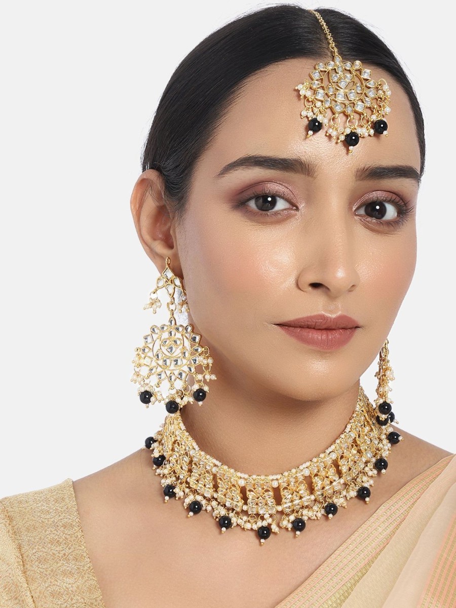 Jewellery I Jewels | Women'S Gold Plated Handcrafted Choker Necklace Set With Earrings U0026 Maang Tikka - I Jewels Black