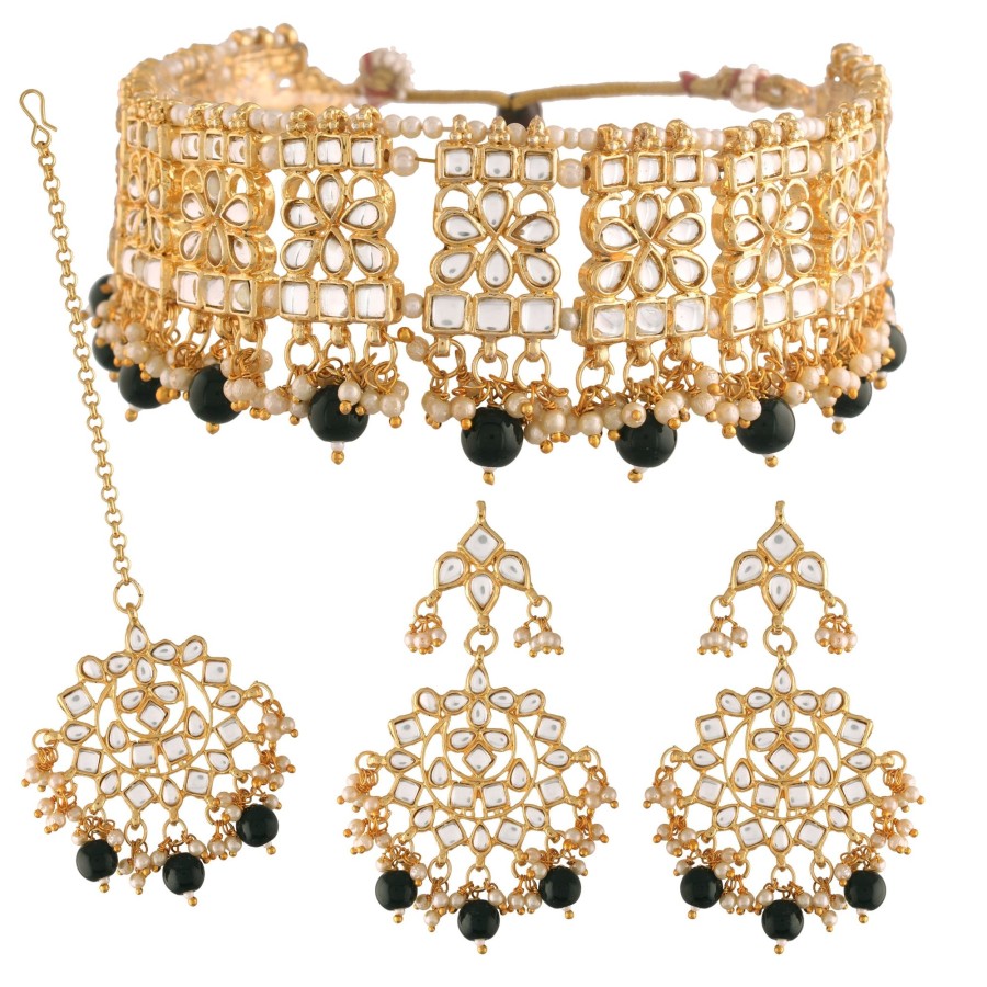 Jewellery I Jewels | Women'S Gold Plated Handcrafted Choker Necklace Set With Earrings U0026 Maang Tikka - I Jewels Black