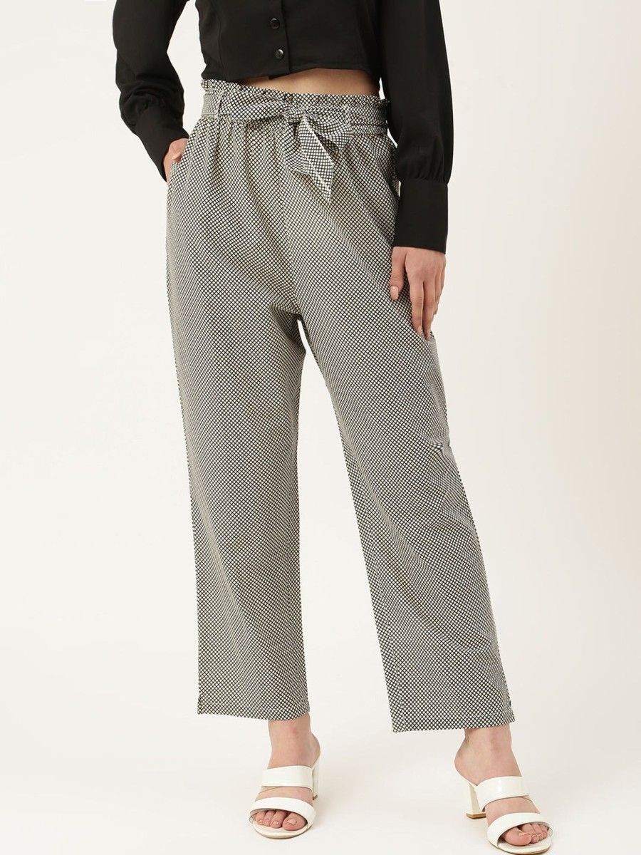 Women DECKEDUP | Women'S And White Checks Mid Rise Trouser,Slip On Closure With 2 Pockets.Comes With A Belt - Deckedup Black