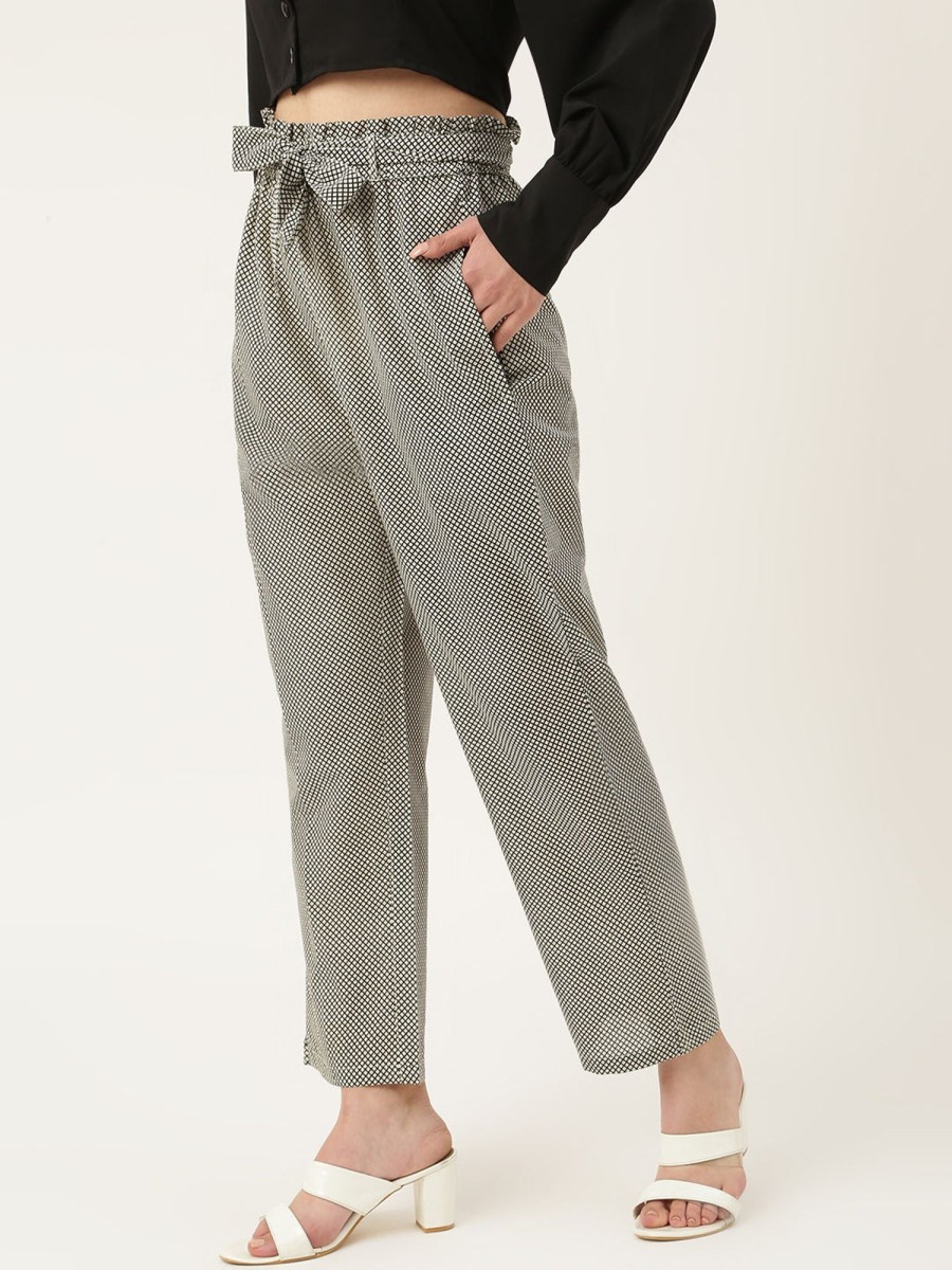 Women DECKEDUP | Women'S And White Checks Mid Rise Trouser,Slip On Closure With 2 Pockets.Comes With A Belt - Deckedup Black