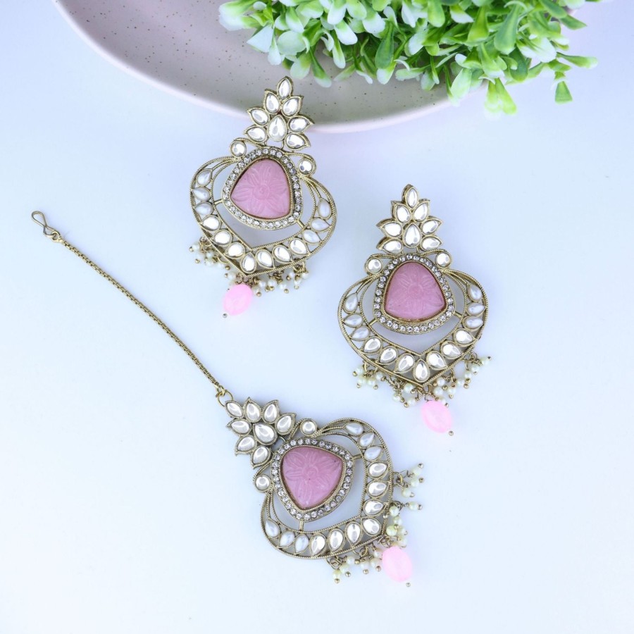 Jewellery I Jewels | Women'S Traditional Pearl Hanging Kundan Stone Studed Chandbali Earring With Maang Tikka - I Jewels Pink