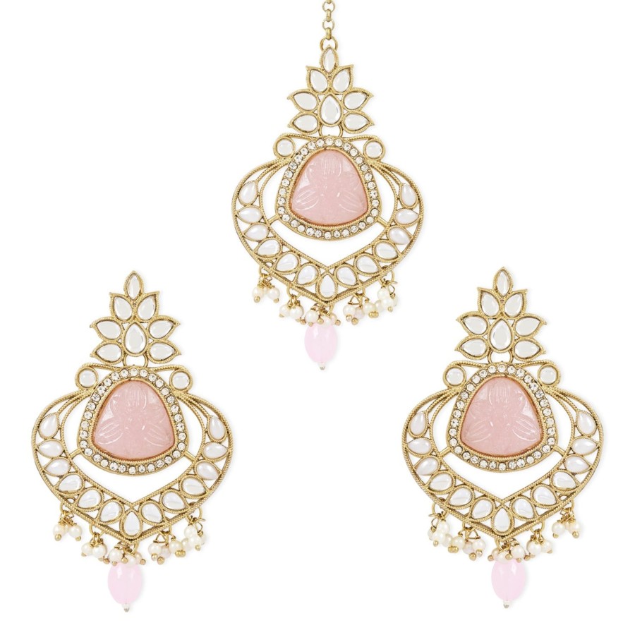 Jewellery I Jewels | Women'S Traditional Pearl Hanging Kundan Stone Studed Chandbali Earring With Maang Tikka - I Jewels Pink