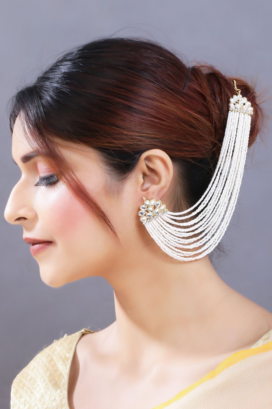 Jewellery I Jewels | Women'S Gold Plated Multi Strand Earring With Ear Chain Embellished With Pearl - I Jewels White