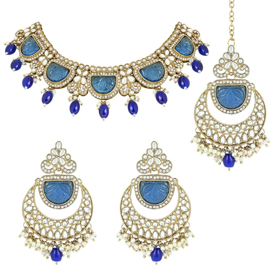 Jewellery I Jewels | Women'S 18K Gold Plated Traditional Pearl Kundan U0026 Stone Studded Jewellery Necklace Set With Maang Tikka - I Jewels Blue