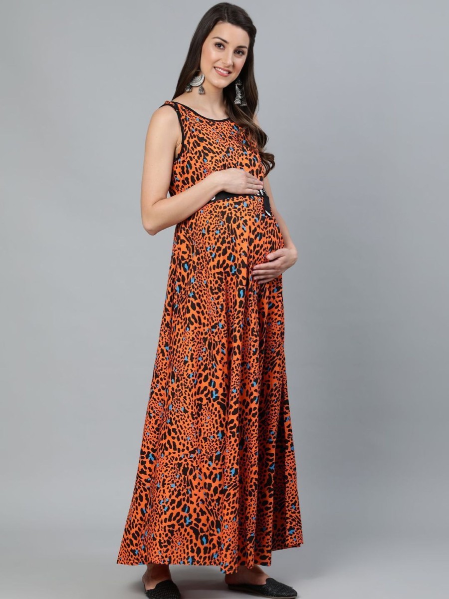 Women AKS | Women'S U0026 Black Animal Printed Maternity Maxi - Aks Orange